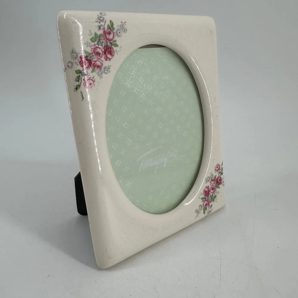 Terragrafics 1984 Vintage Ceramic Pink Rose Floral Oval Picture Frame Cream 5x7